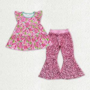 Baby Girls Clothes Pink Rose Flutter Sleeve Tunic Top Sequin Flare Pants Sets GSPO1500