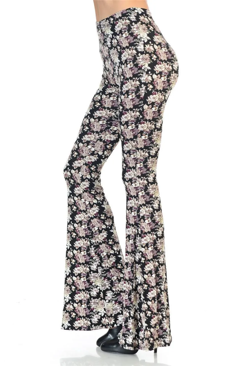 Bell Bottoms Yoga Pants Daisy Floral Pink Black Print