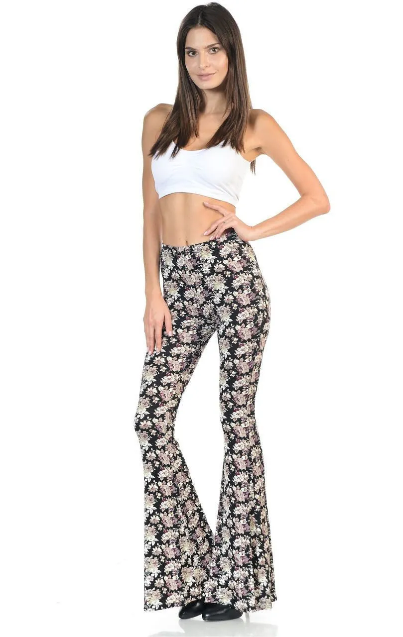 Bell Bottoms Yoga Pants Daisy Floral Pink Black Print