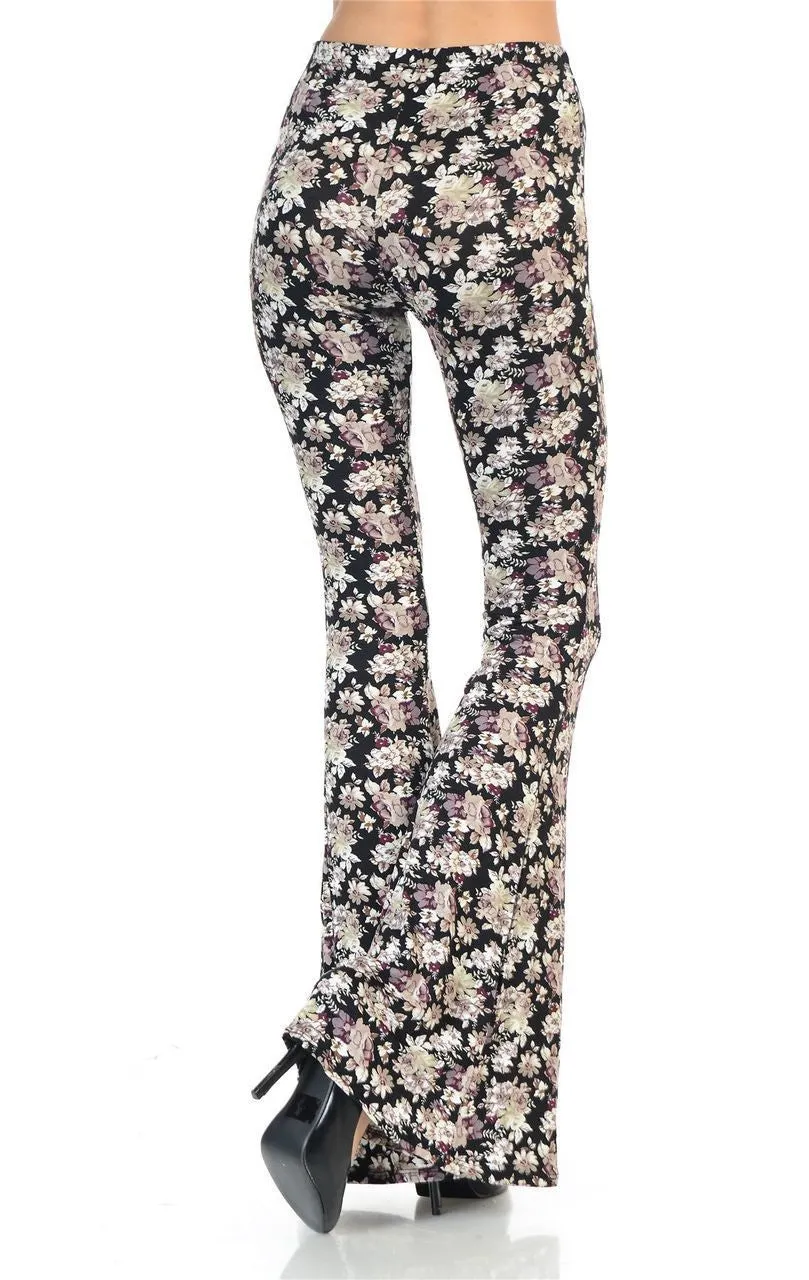 Bell Bottoms Yoga Pants Daisy Floral Pink Black Print