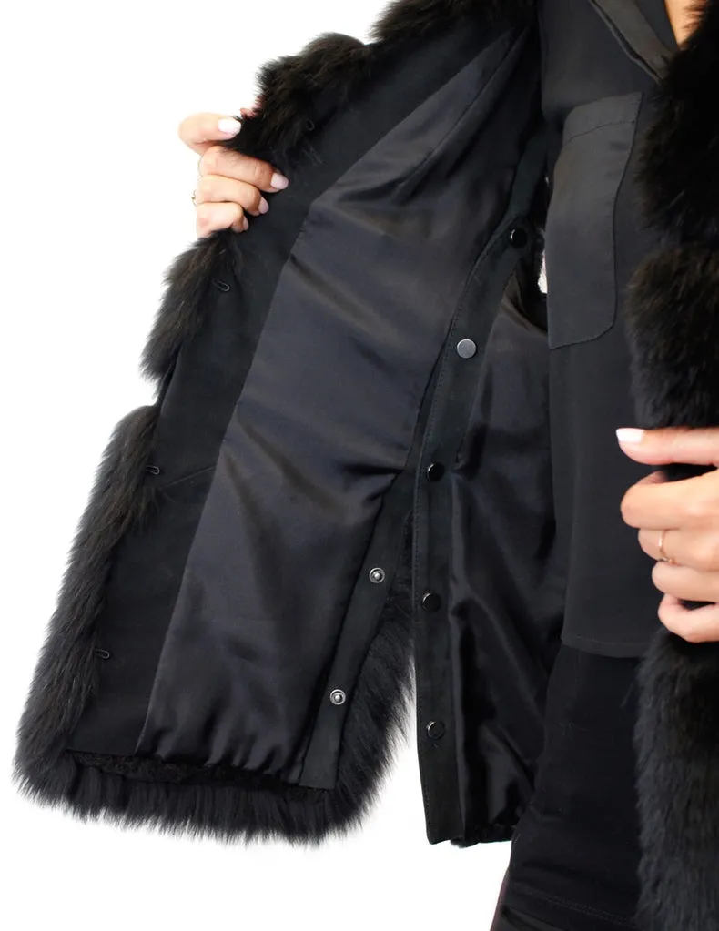 BLACK SHEARED MINK & FOX FUR CONVERTIBLE VEST, SCARF