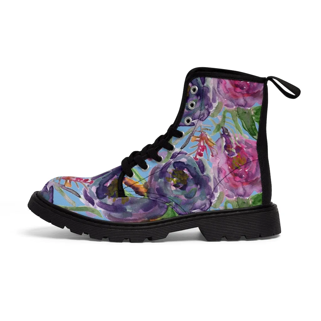 Blue Floral Print Women's Boots, Pink Purple Rose Flower Print Ladies' Hiking Combat Boots