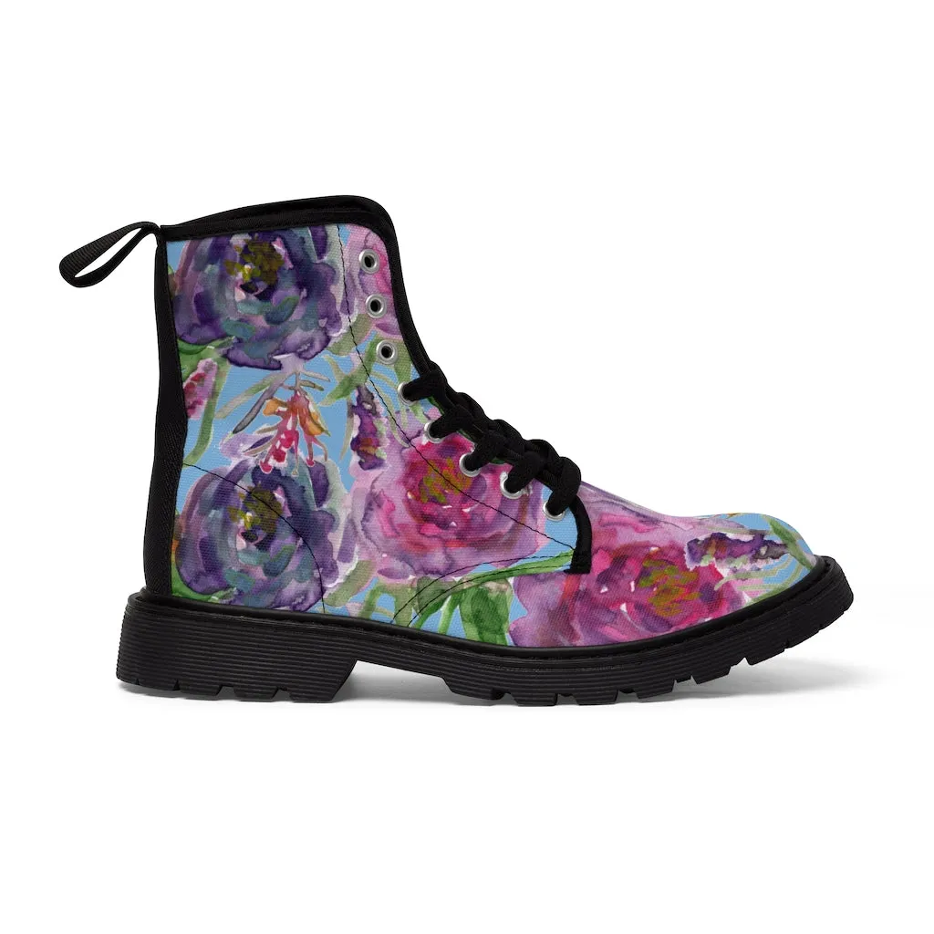 Blue Floral Print Women's Boots, Pink Purple Rose Flower Print Ladies' Hiking Combat Boots