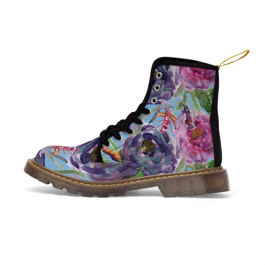 Blue Floral Print Women's Boots, Pink Purple Rose Flower Print Ladies' Hiking Combat Boots