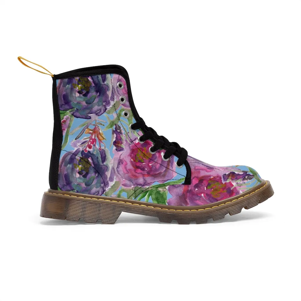 Blue Floral Print Women's Boots, Pink Purple Rose Flower Print Ladies' Hiking Combat Boots