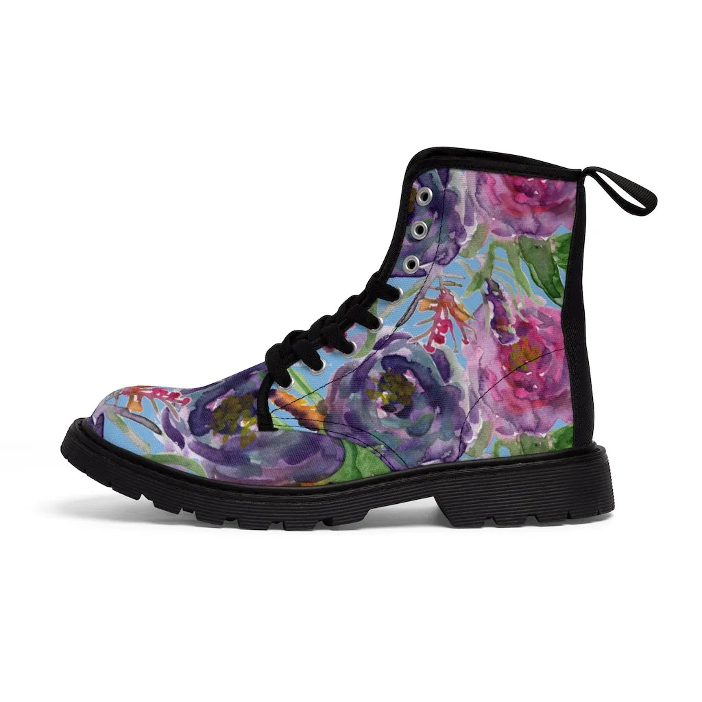 Blue Floral Print Women's Boots, Pink Purple Rose Flower Print Ladies' Hiking Combat Boots