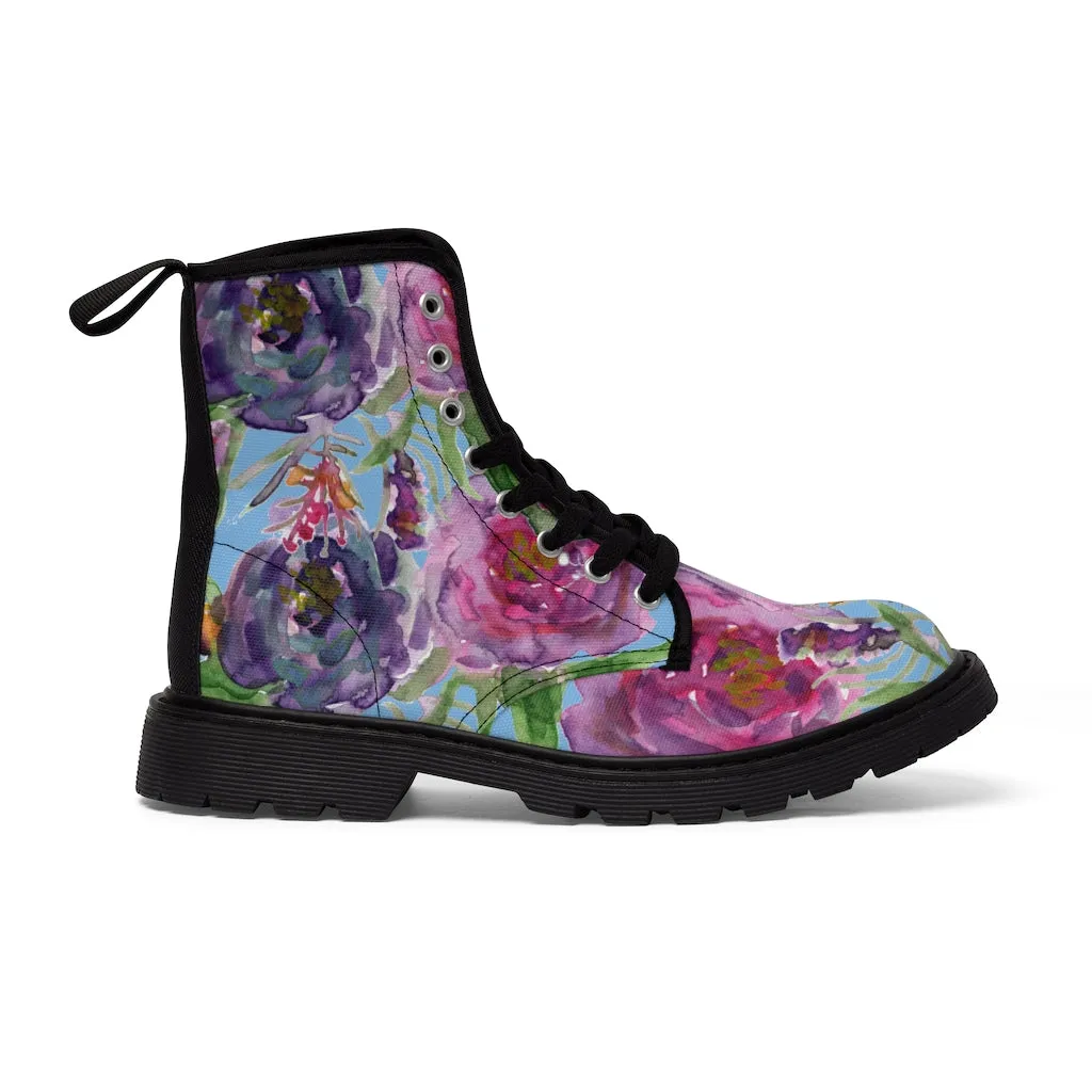 Blue Floral Print Women's Boots, Pink Purple Rose Flower Print Ladies' Hiking Combat Boots