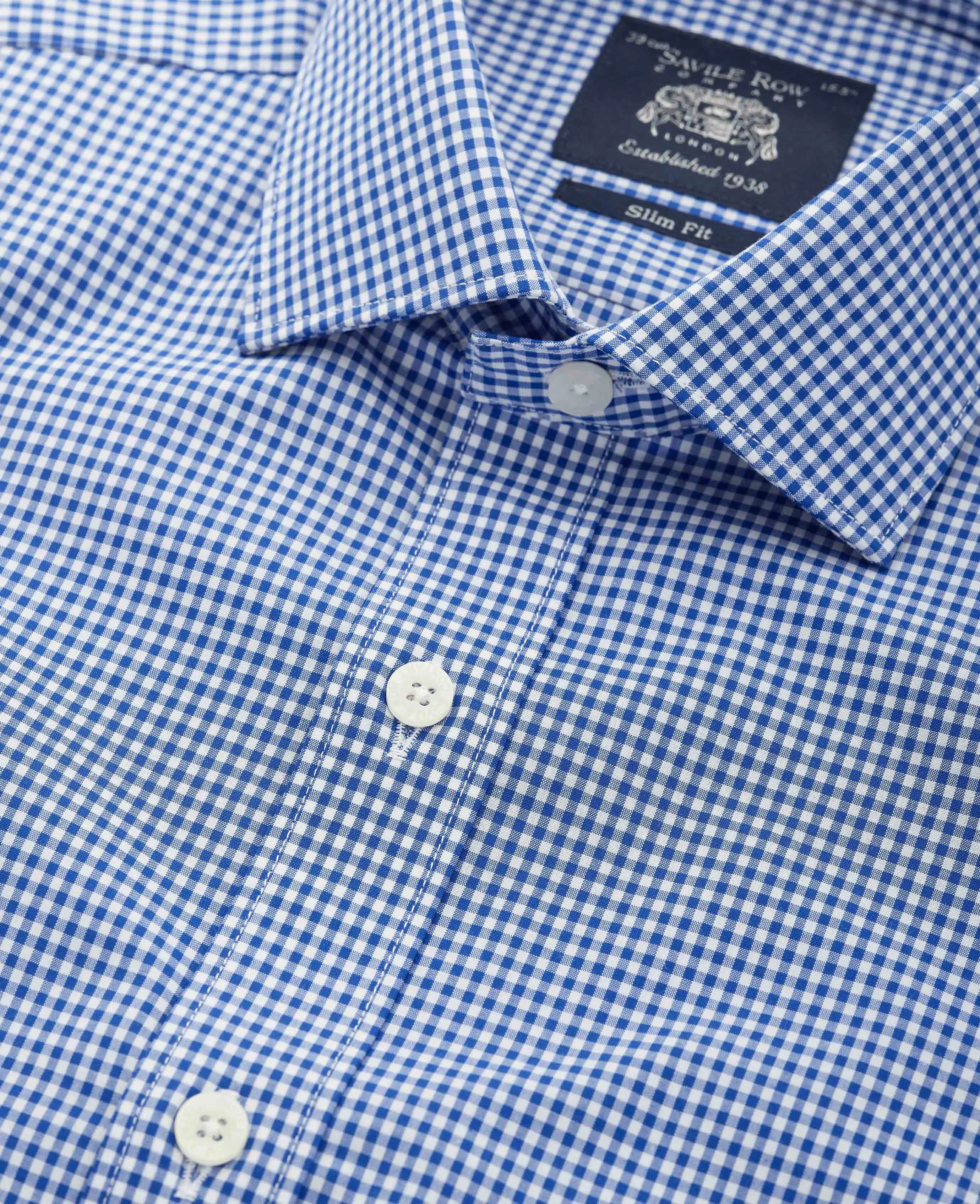 Blue Poplin Slim Fit Gingham Formal Shirt - Single Cuff