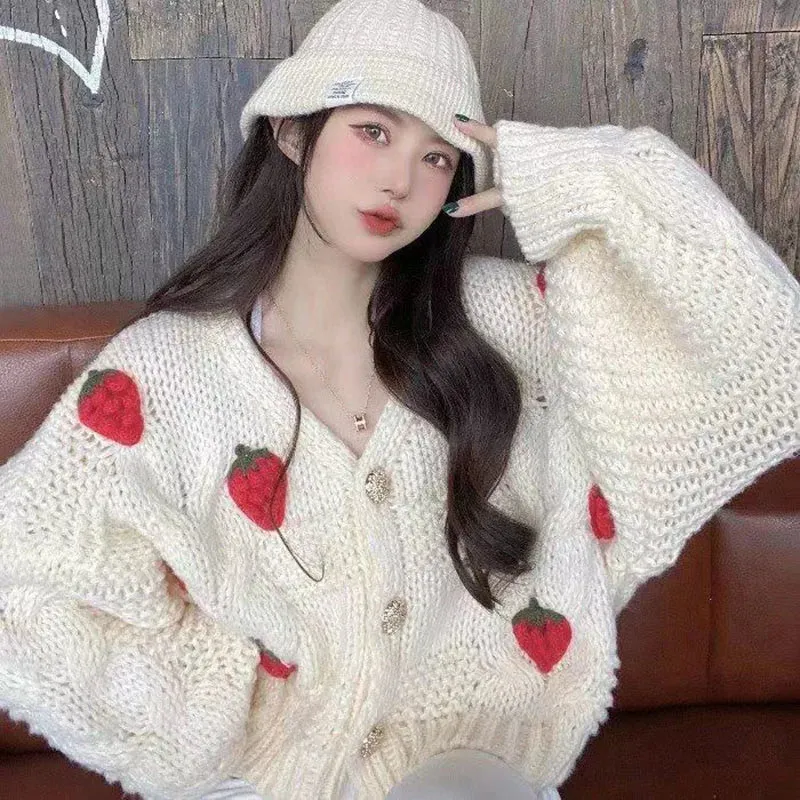 Bonnyshow  Autumn Women's Strawberry Kintted Cardigan Long Sleeve Loose Single Breasted Sweater Coat Female Fashion Thicken Warm Cardigans