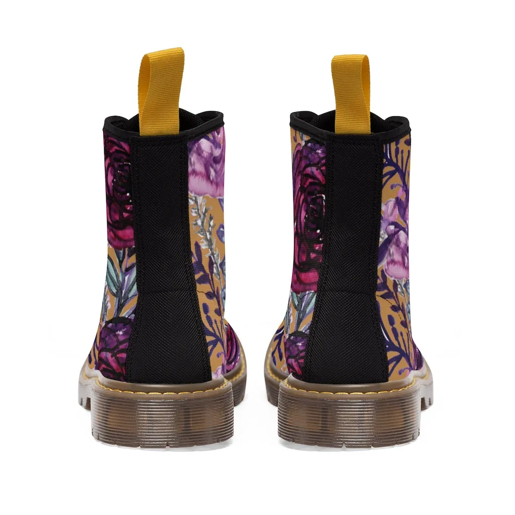 Brown Purple Floral Women's Boots, Flower Print Vintage Style Combat Hiking Boots For Ladies