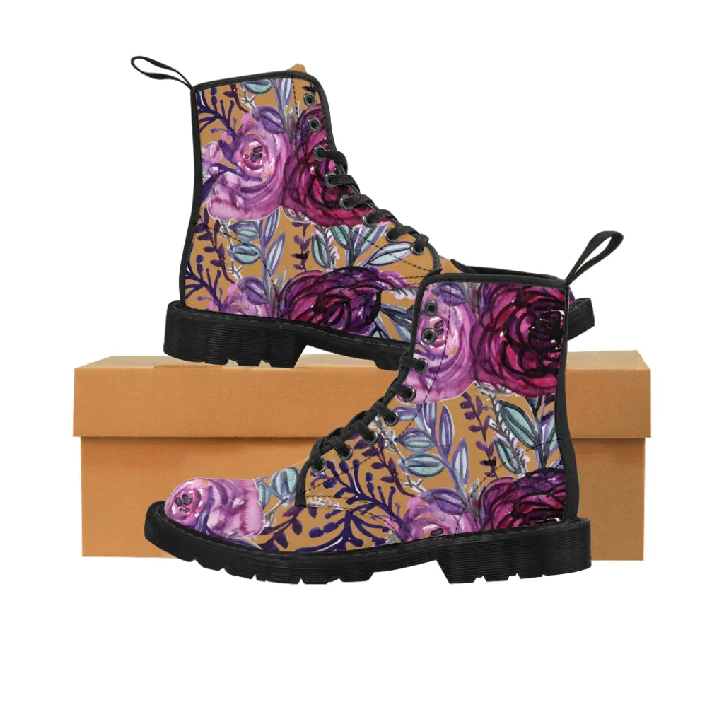 Brown Purple Floral Women's Boots, Flower Print Vintage Style Combat Hiking Boots For Ladies