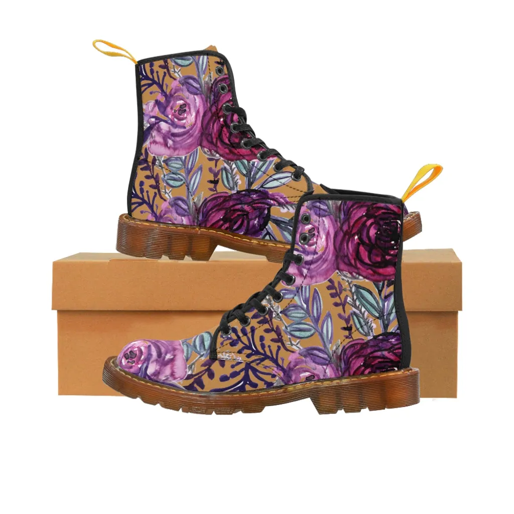 Brown Purple Floral Women's Boots, Flower Print Vintage Style Combat Hiking Boots For Ladies