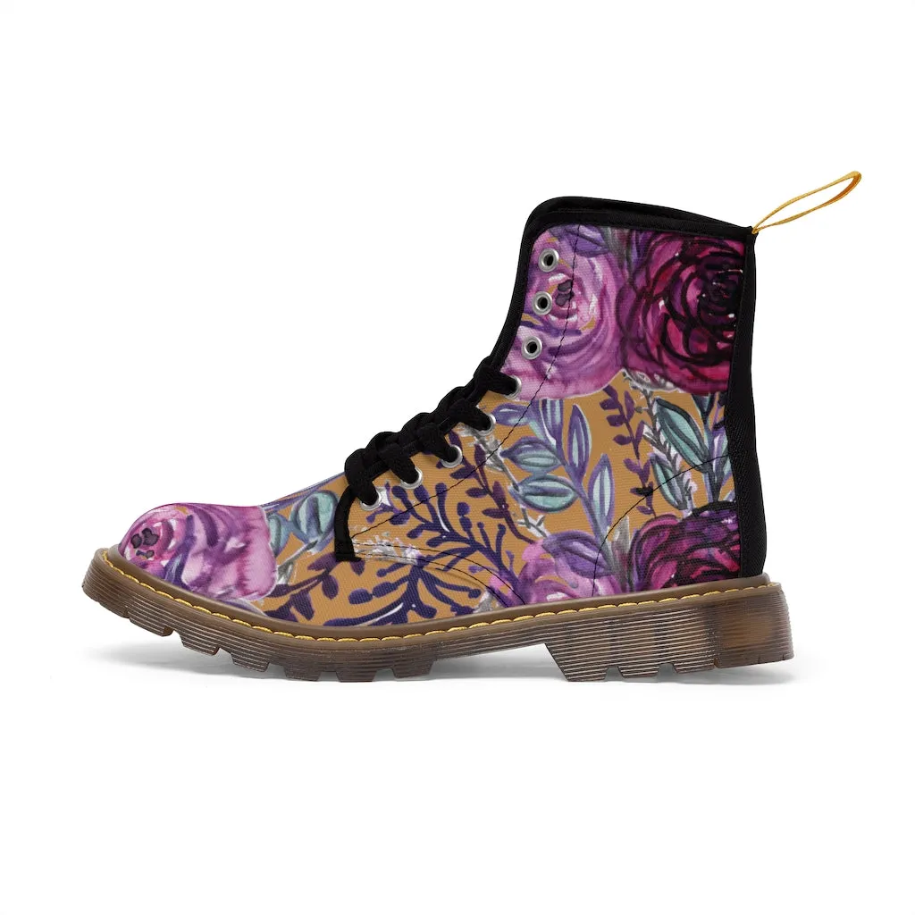 Brown Purple Floral Women's Boots, Flower Print Vintage Style Combat Hiking Boots For Ladies