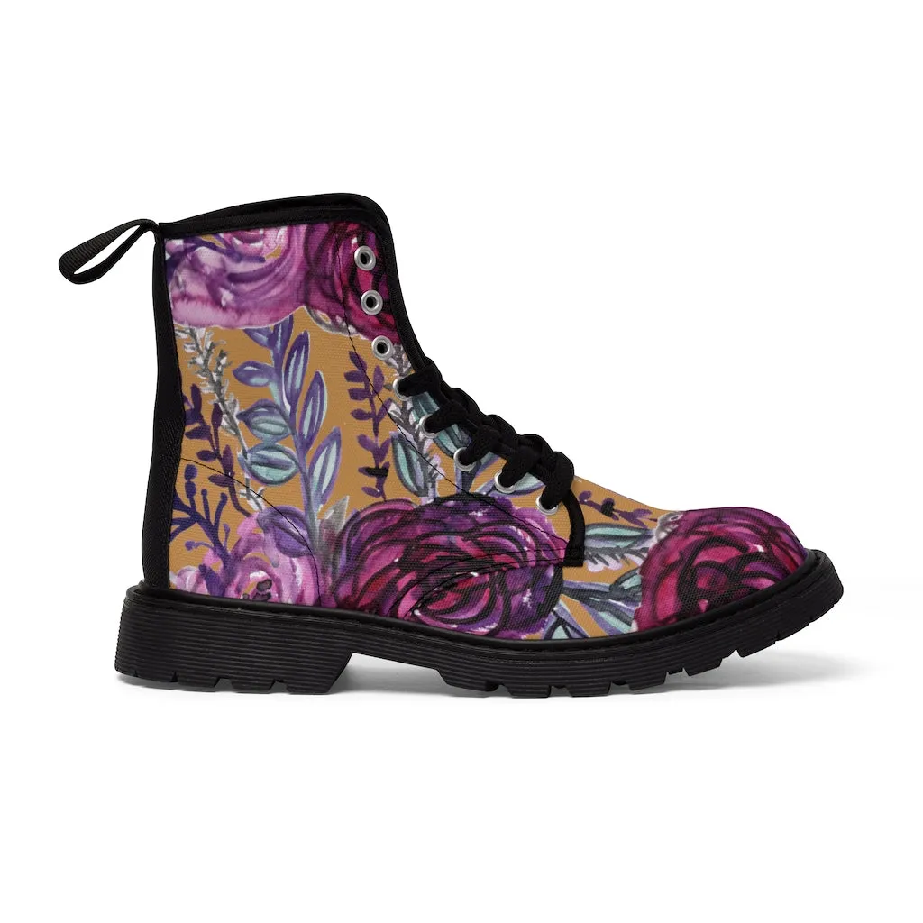 Brown Purple Floral Women's Boots, Flower Print Vintage Style Combat Hiking Boots For Ladies