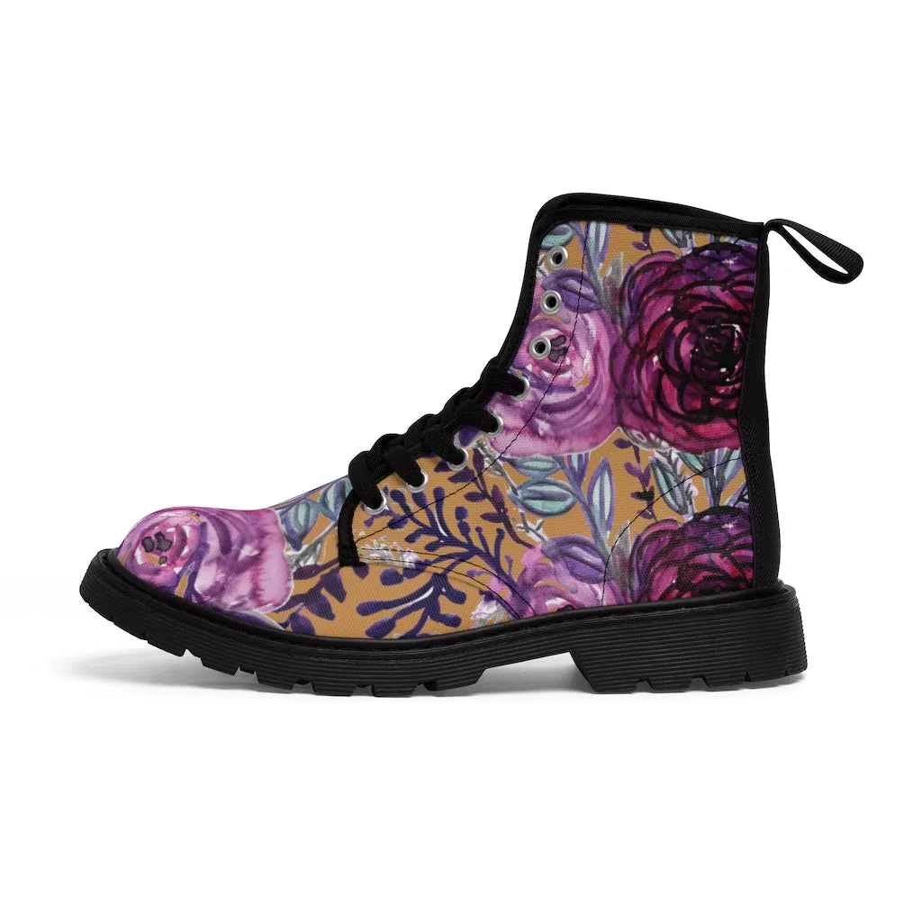 Brown Purple Floral Women's Boots, Flower Print Vintage Style Combat Hiking Boots For Ladies