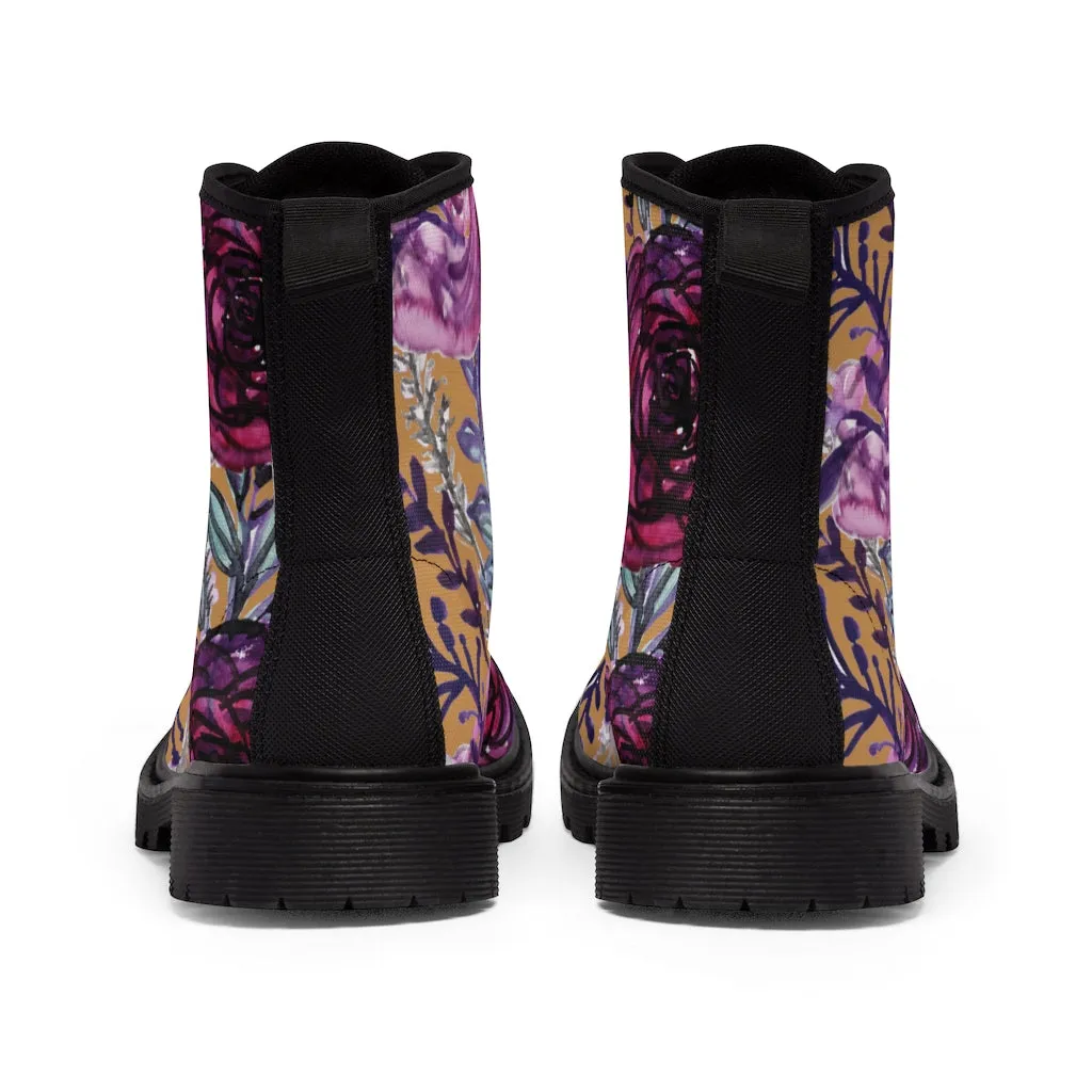 Brown Purple Floral Women's Boots, Flower Print Vintage Style Combat Hiking Boots For Ladies