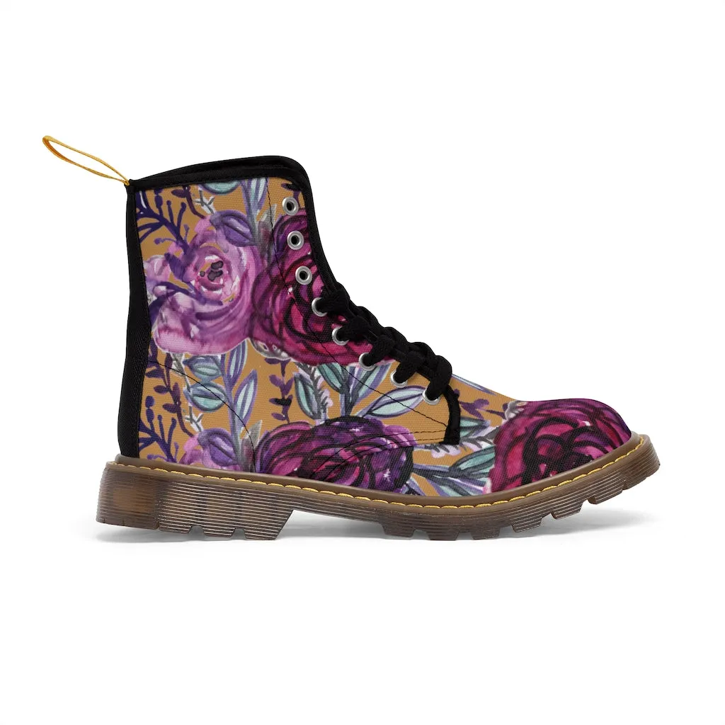 Brown Purple Floral Women's Boots, Flower Print Vintage Style Combat Hiking Boots For Ladies