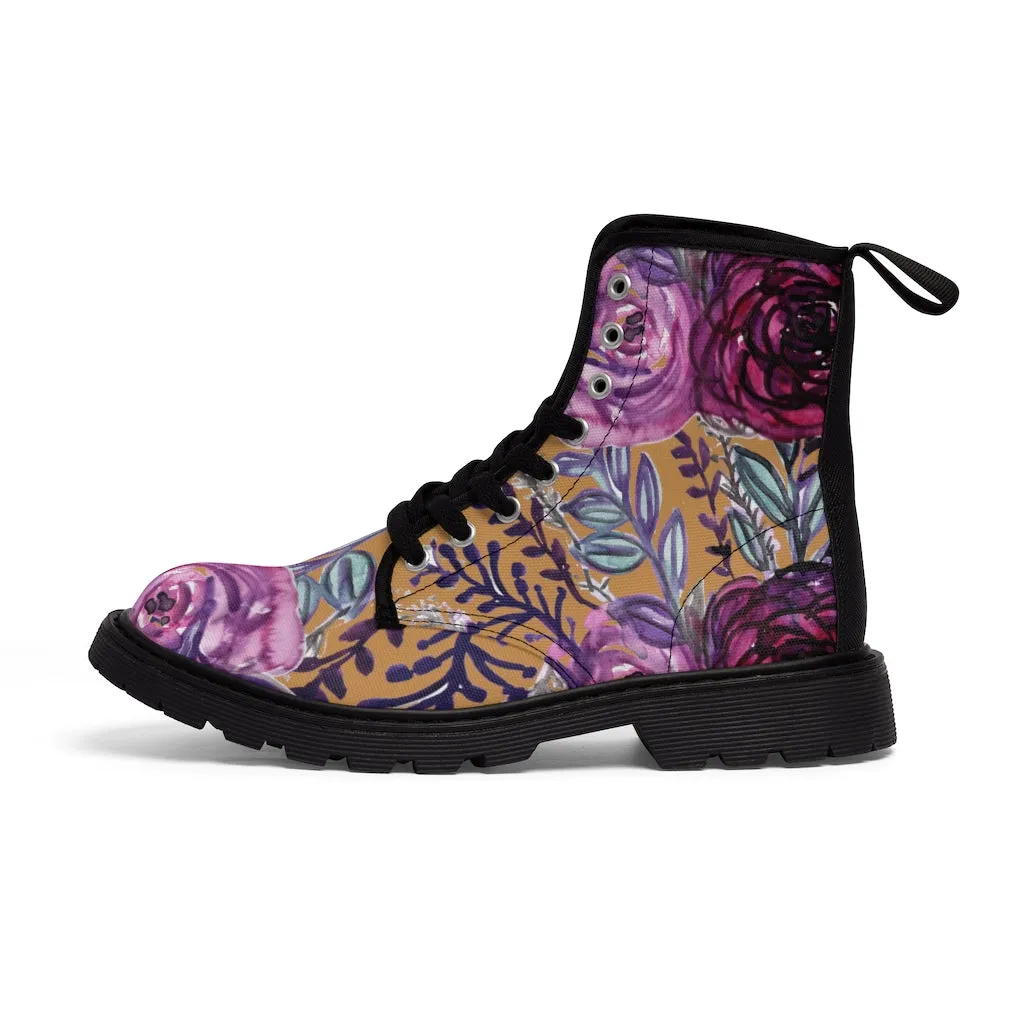 Brown Purple Floral Women's Boots, Flower Print Vintage Style Combat Hiking Boots For Ladies