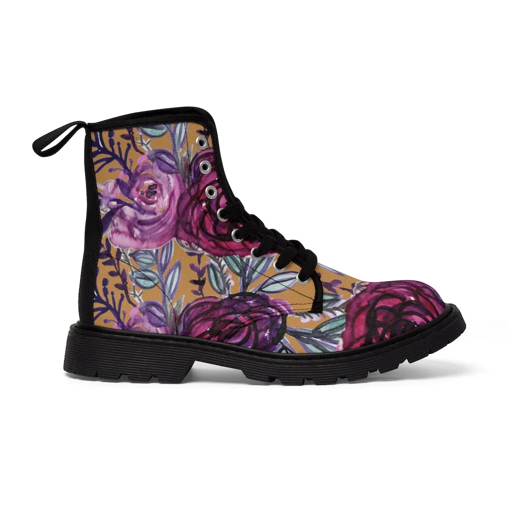 Brown Purple Floral Women's Boots, Flower Print Vintage Style Combat Hiking Boots For Ladies