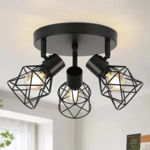 Ceiling Lights Spotlight , 3 Way Spot Lights 350 Adjustable, E14 Base Black Light Shade Metal Wire Cage Light Fittings