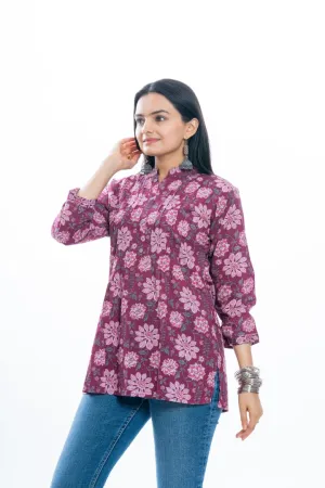 Ekisha's women pleated maroon multicolor printed cotton tunic top short kurti