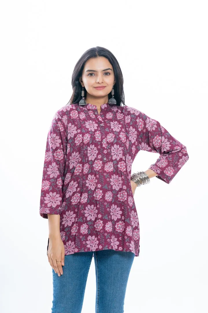 Ekisha's women pleated maroon multicolor printed cotton tunic top short kurti