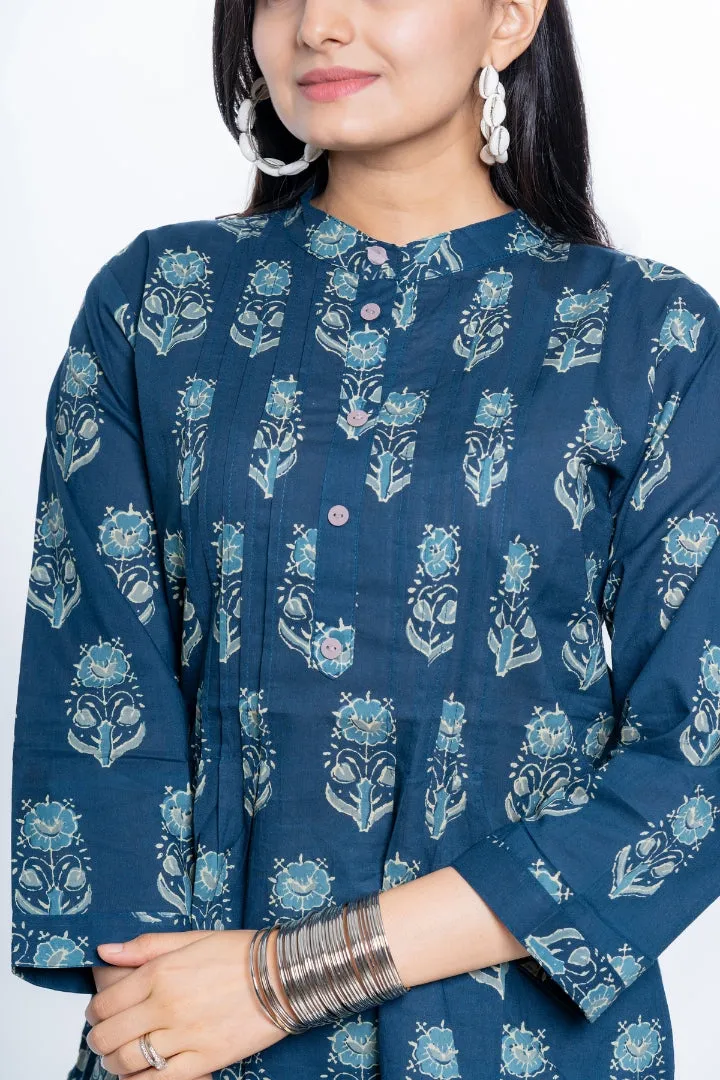 Ekisha's women pleated navy multicolor printed cotton tunic top short kurti