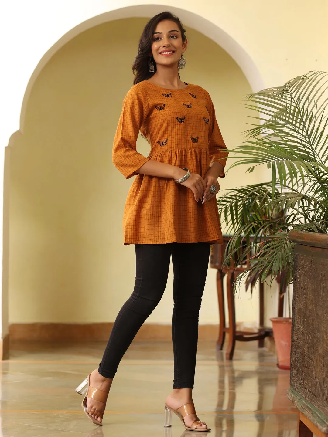 Embroidered Brown Yarn Dyed Checkered Chanderi Top