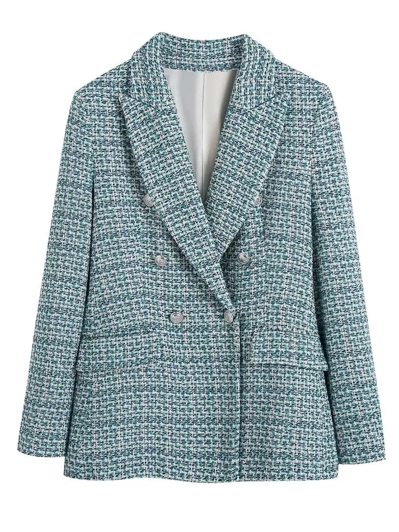 Fashionkova  Women Fashion Blue Tweed Blazer Jacket 2022 Spring Office Lady High Street Autumn Coat New Arrival Vintage Female Coats