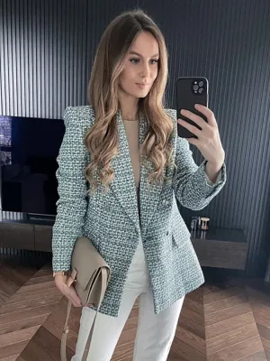 Fashionkova  Women Fashion Blue Tweed Blazer Jacket 2022 Spring Office Lady High Street Autumn Coat New Arrival Vintage Female Coats