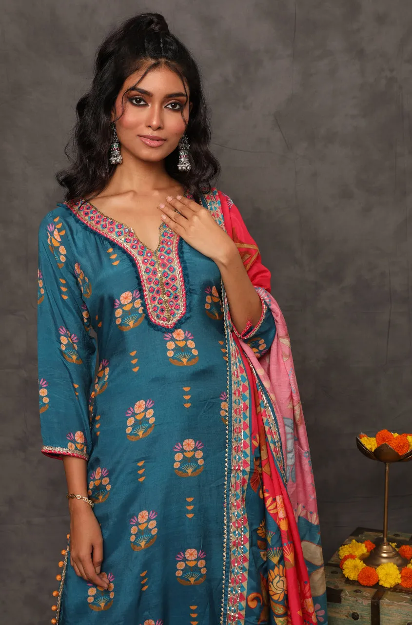 GEET - Celadon Blue Three Piece Suit Set  With Printed Dupatta