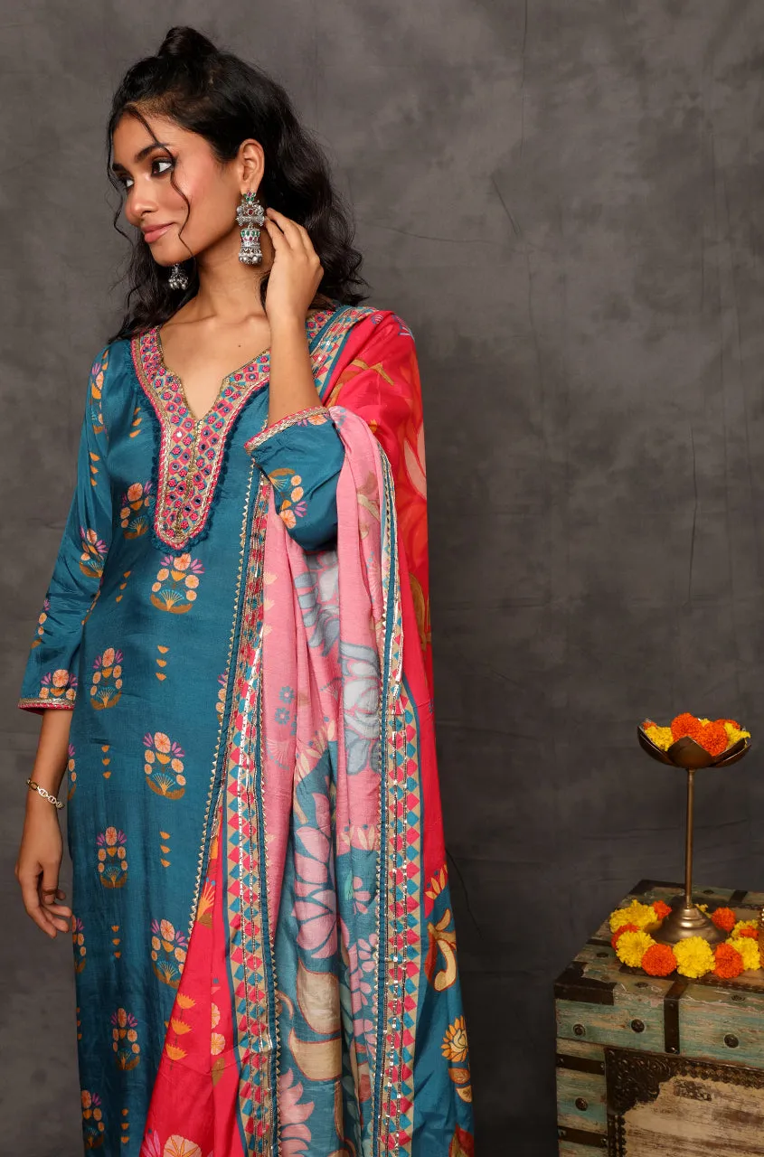 GEET - Celadon Blue Three Piece Suit Set  With Printed Dupatta