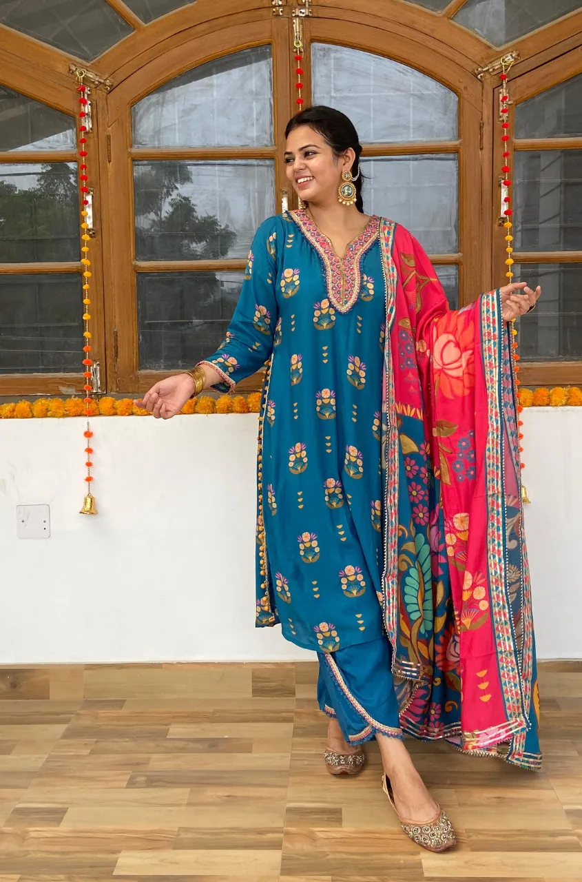 GEET - Celadon Blue Three Piece Suit Set  With Printed Dupatta