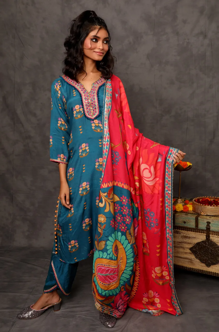 GEET - Celadon Blue Three Piece Suit Set  With Printed Dupatta