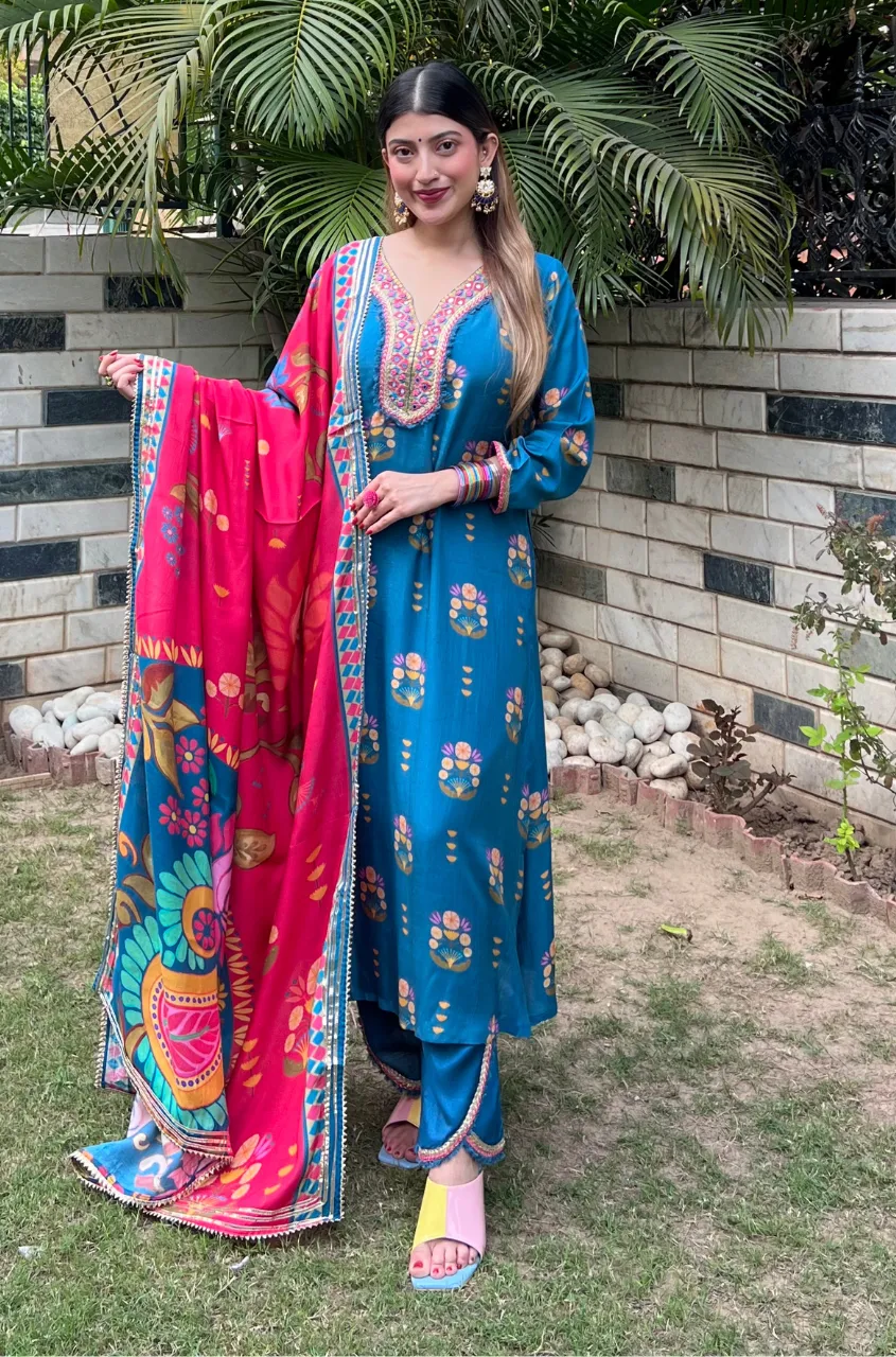 GEET - Celadon Blue Three Piece Suit Set  With Printed Dupatta