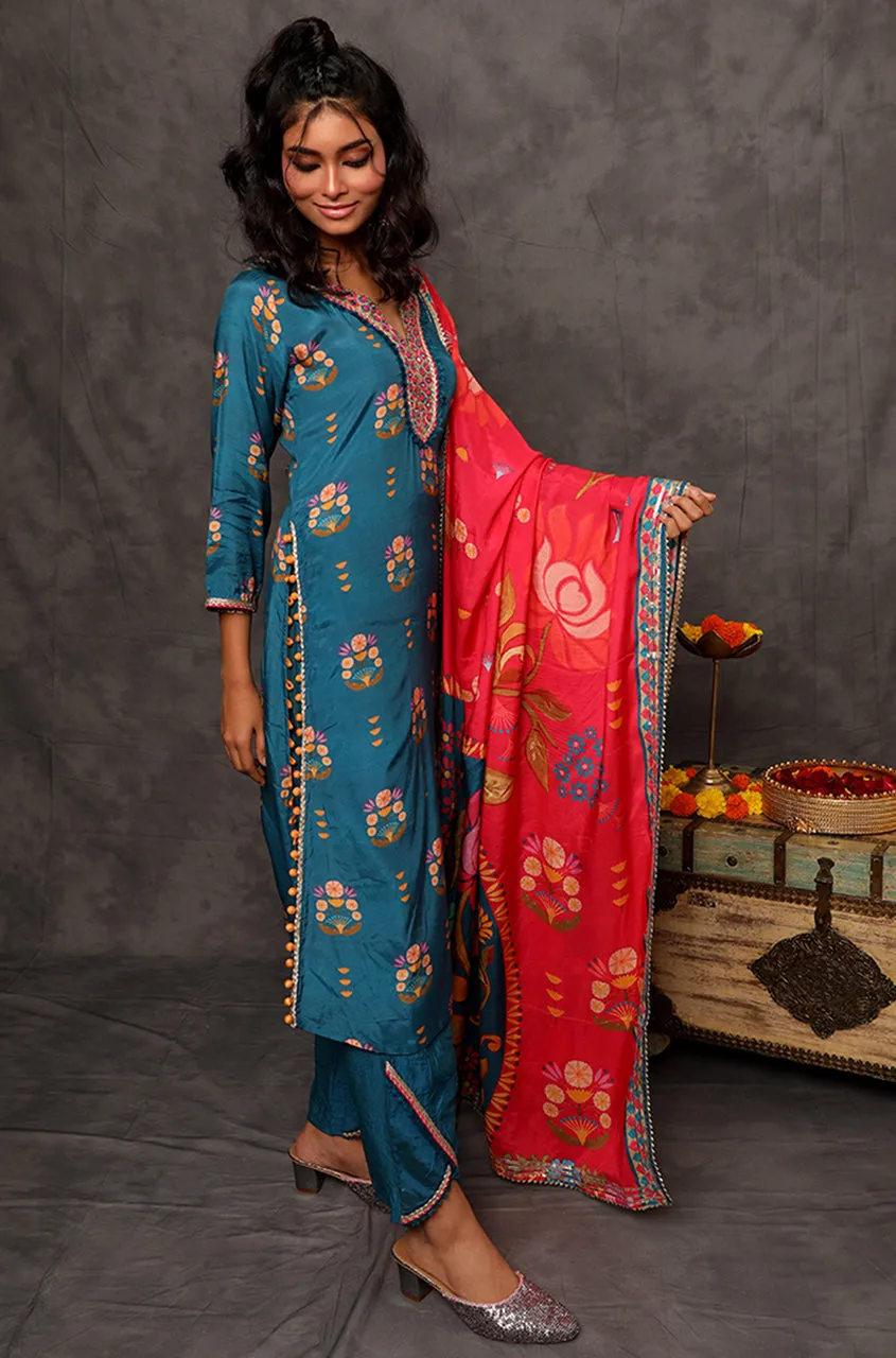 GEET - Celadon Blue Three Piece Suit Set  With Printed Dupatta