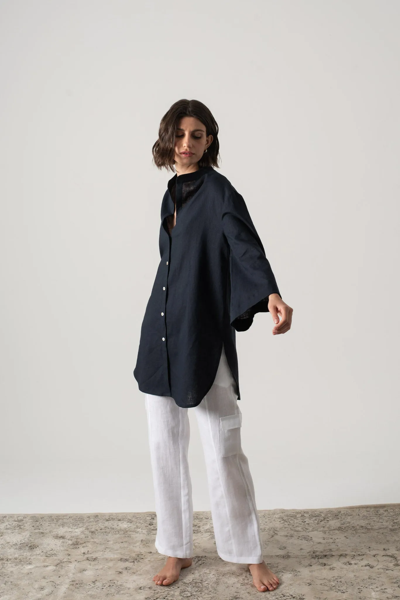 Hugo Linen Tunic Button Shirt Navy