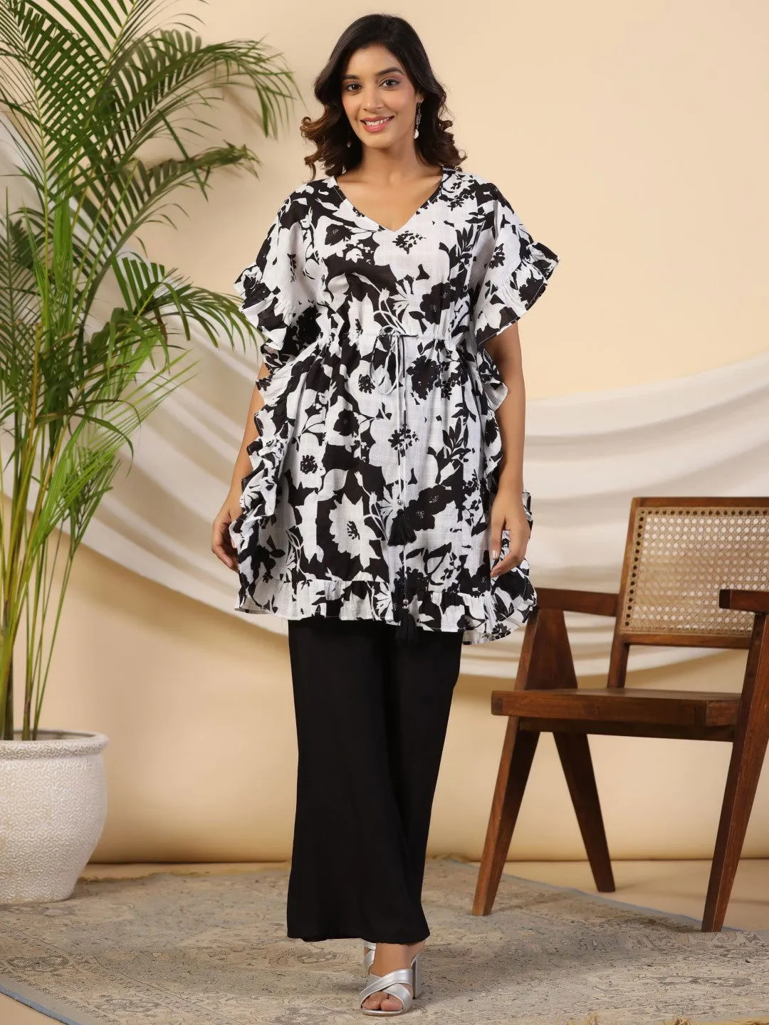 Juniper Black Floral Printed Cotton Dobby Kaftan Tunic