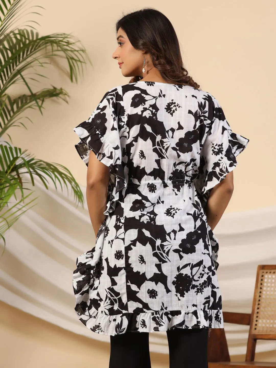 Juniper Black Floral Printed Cotton Dobby Kaftan Tunic