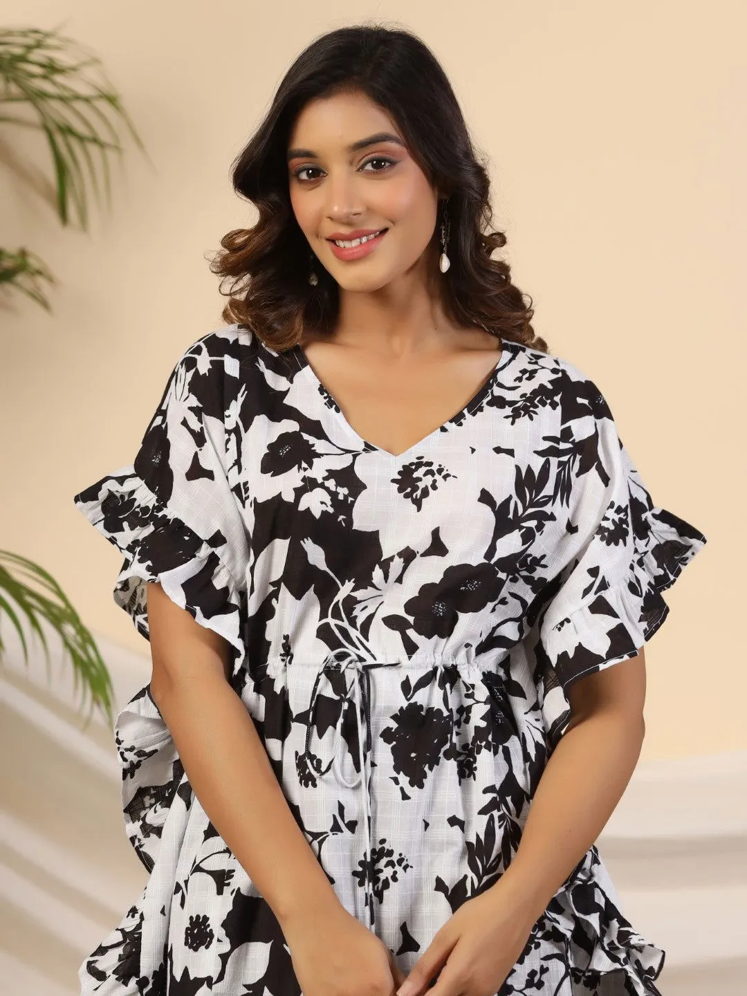 Juniper Black Floral Printed Cotton Dobby Kaftan Tunic