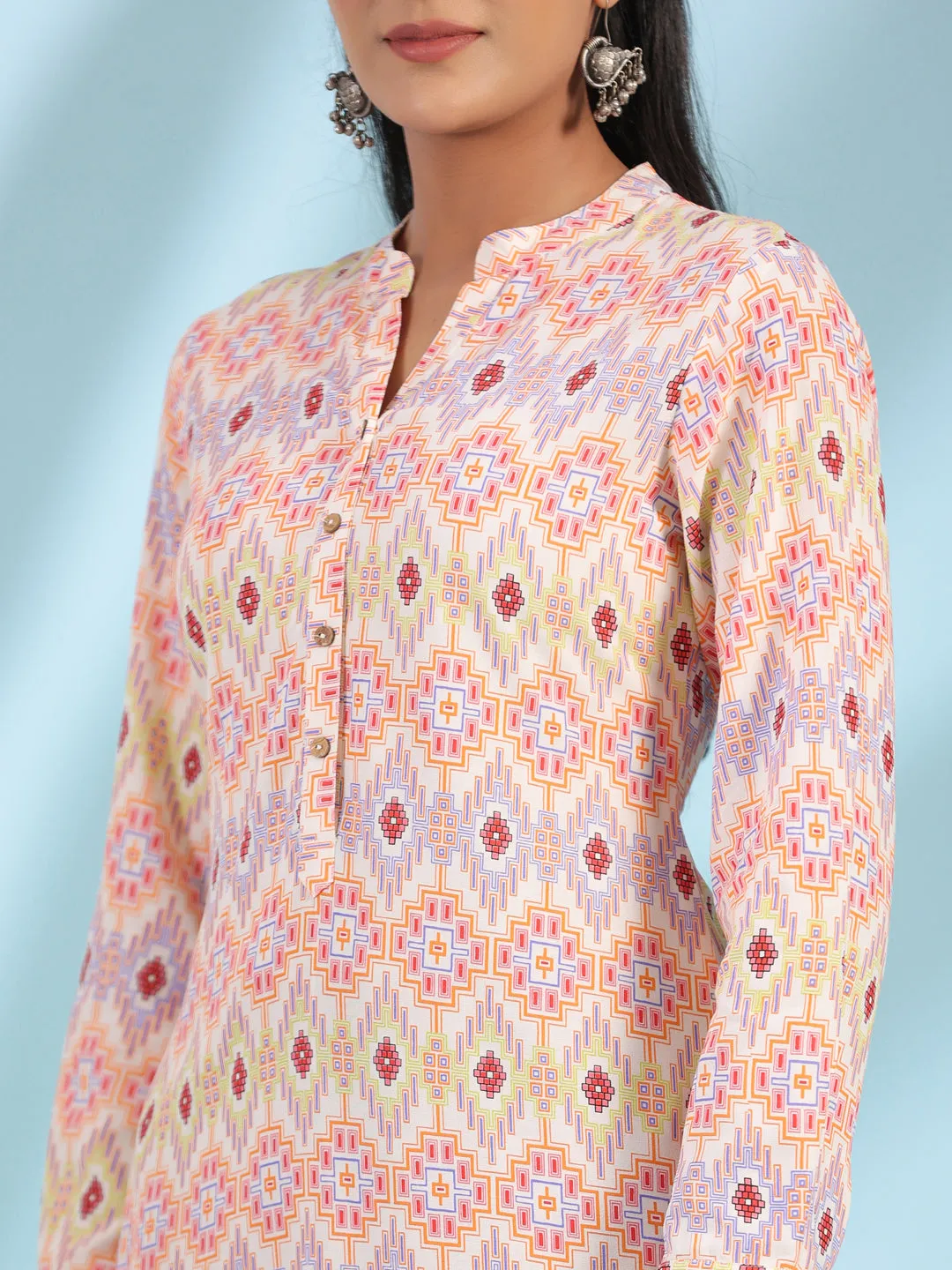 Juniper The Crafted Geometrics Ivory Geometric Printed Rayon Tunic