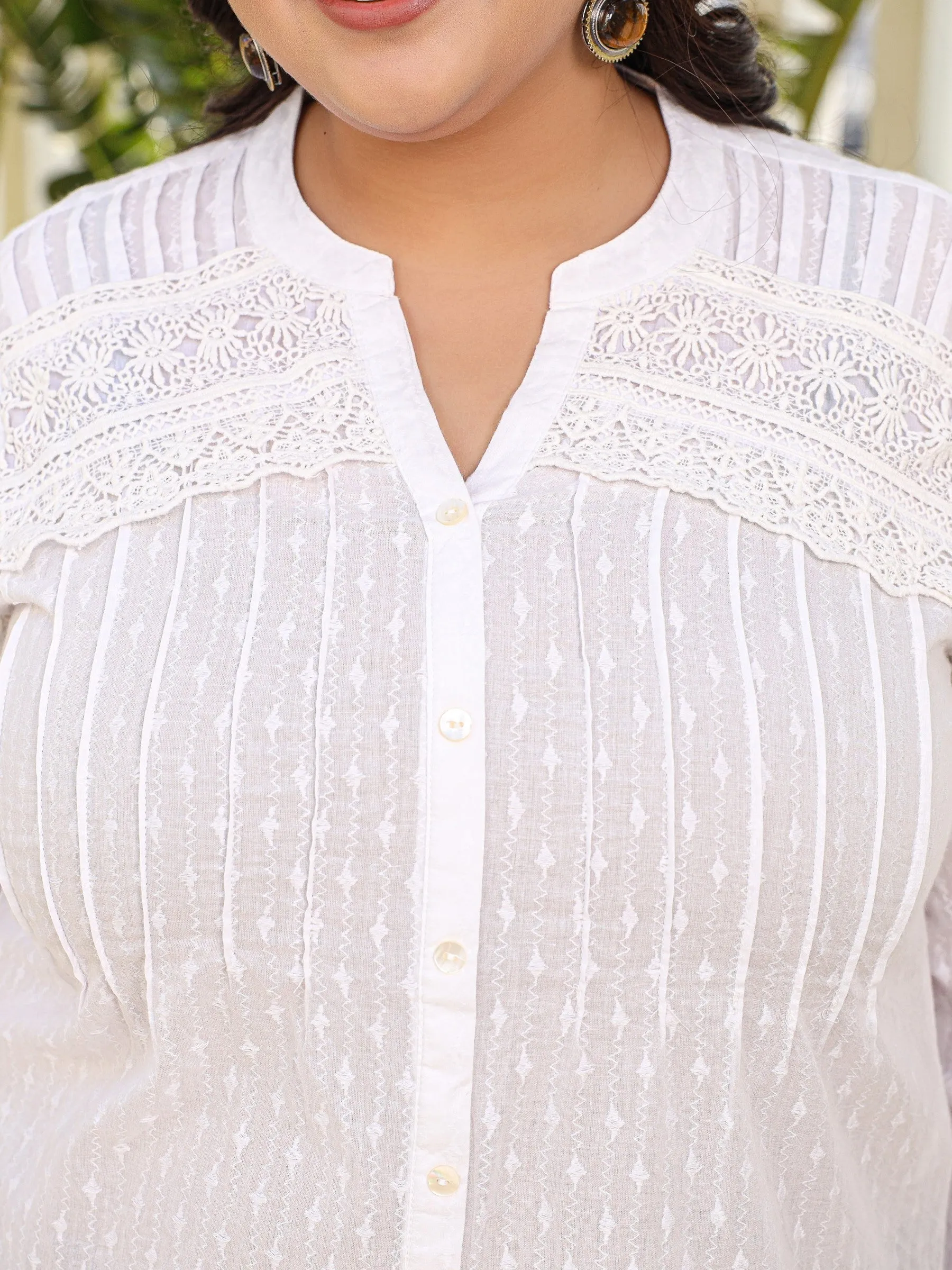 Juniper The Rooh Women White Solid Cotton Dobby High- Low Lacy Plus Size Tunic With Pin Tucks & Broad Cuffs