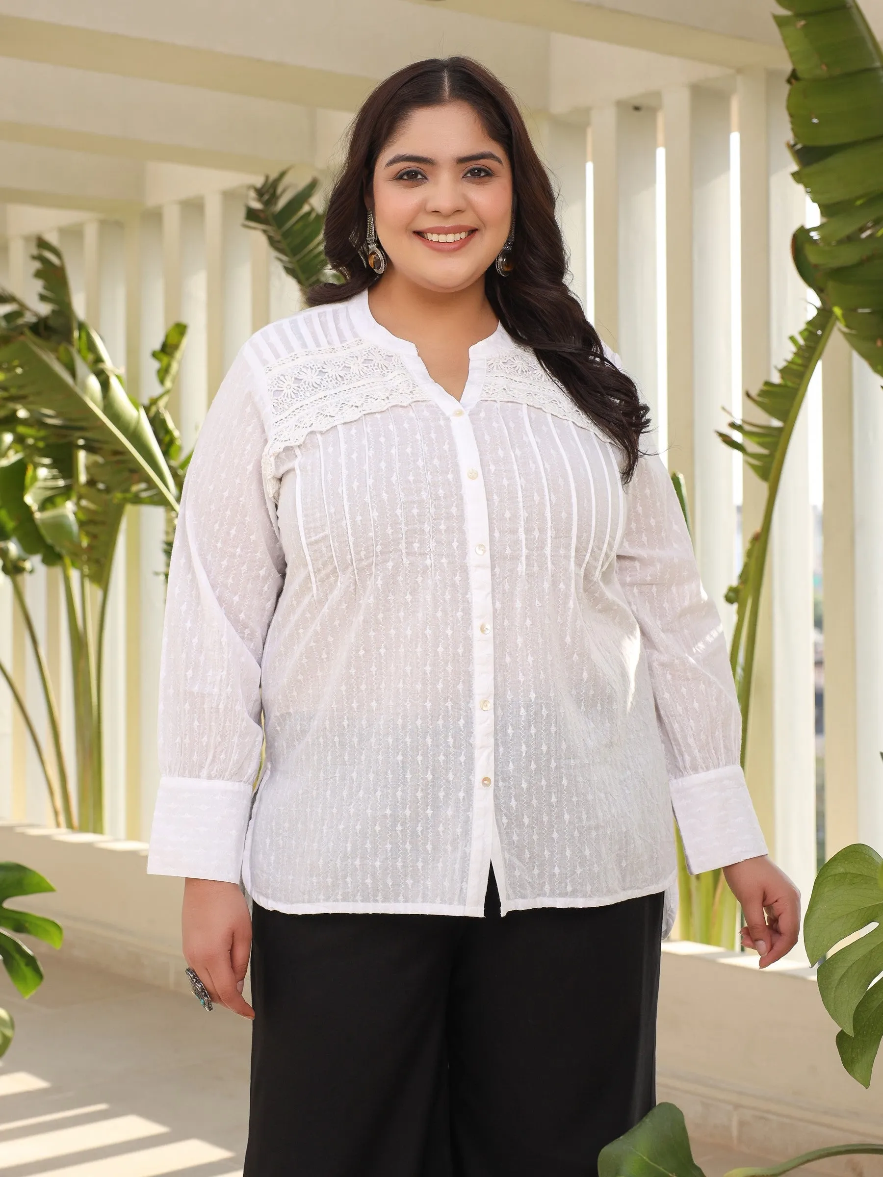 Juniper The Rooh Women White Solid Cotton Dobby High- Low Lacy Plus Size Tunic With Pin Tucks & Broad Cuffs