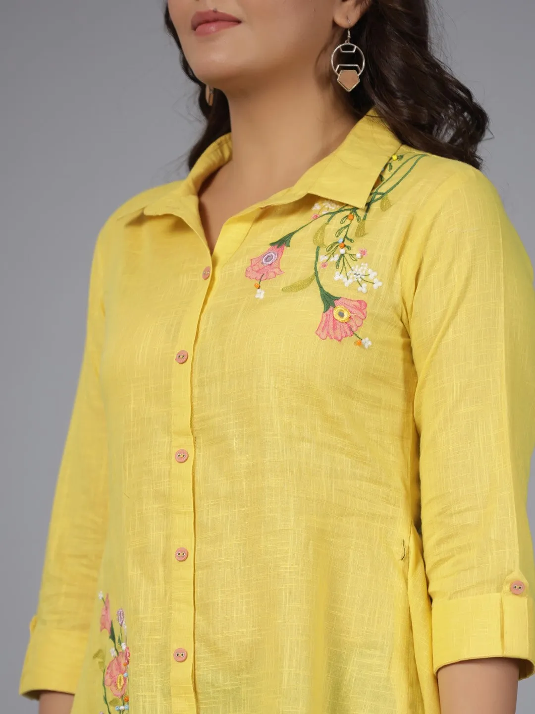 Juniper Yellow Floral Printed Cotton Slub Tunic With Thread Work