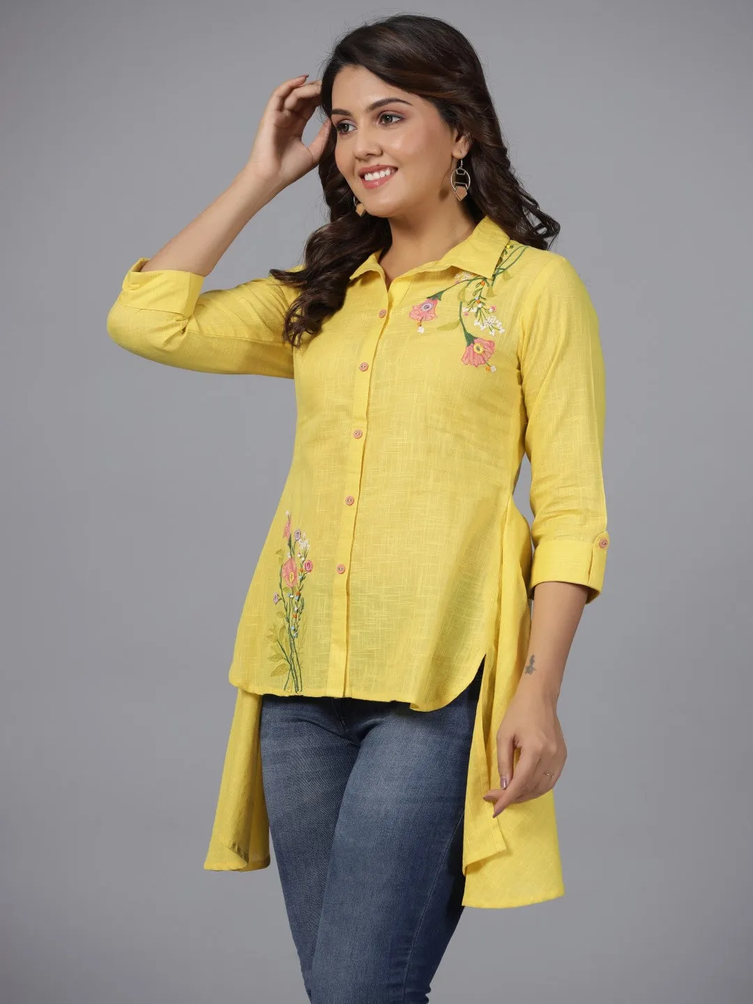 Juniper Yellow Floral Printed Cotton Slub Tunic With Thread Work