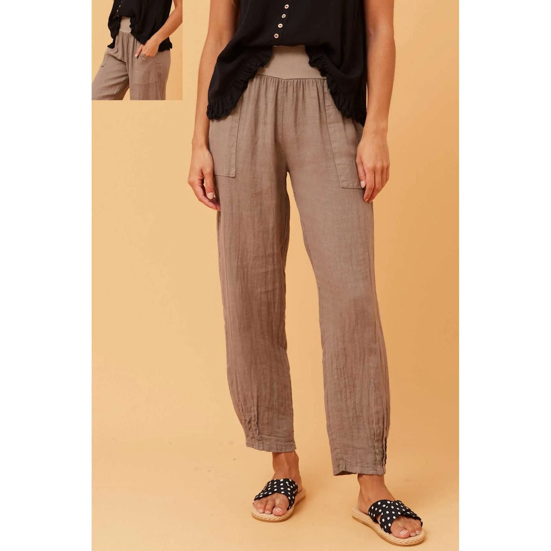 Linen Pull-On Pants - Brown