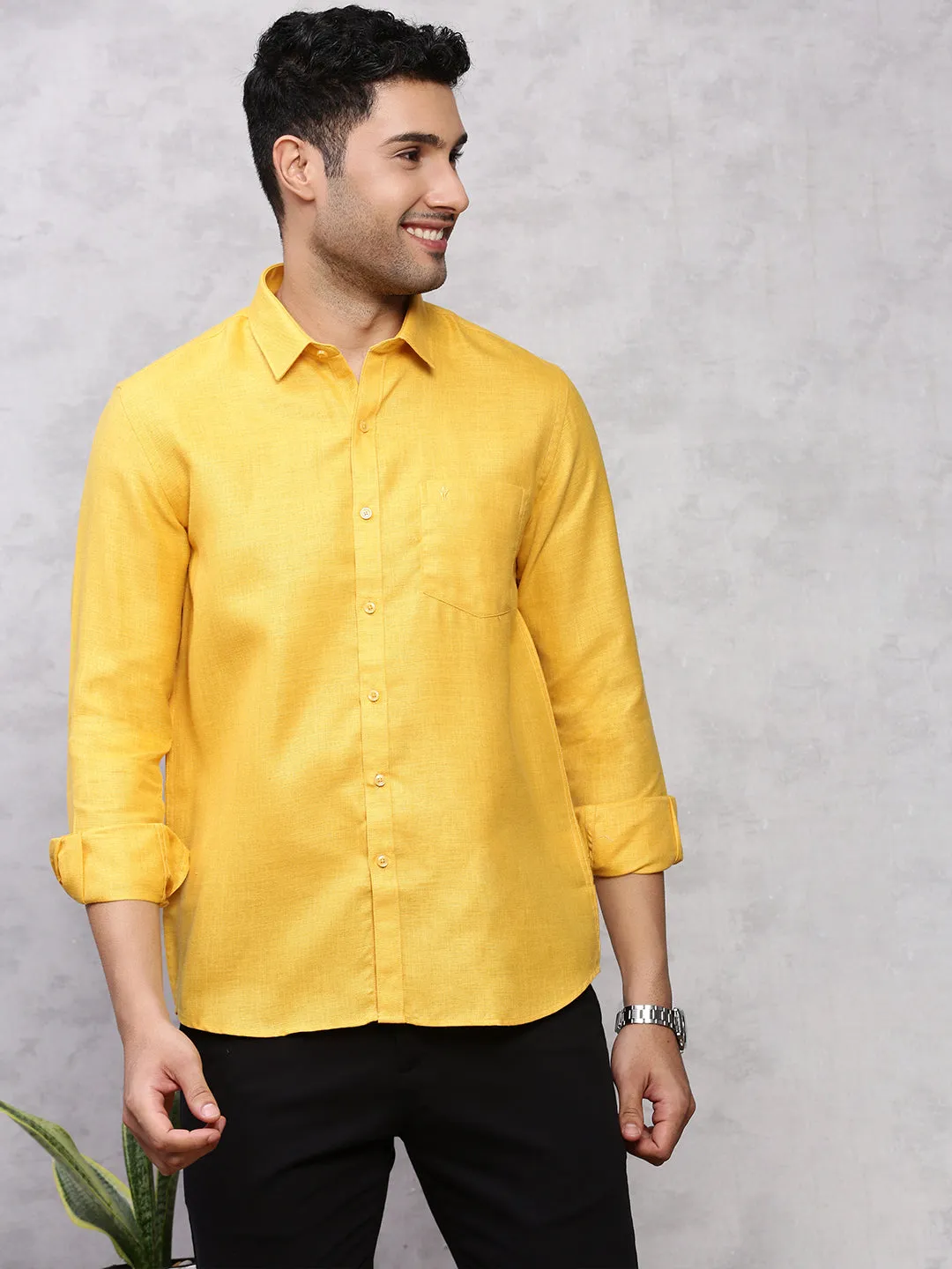 Men Cotton Blend Shirt Dark Yellow T7 CG5