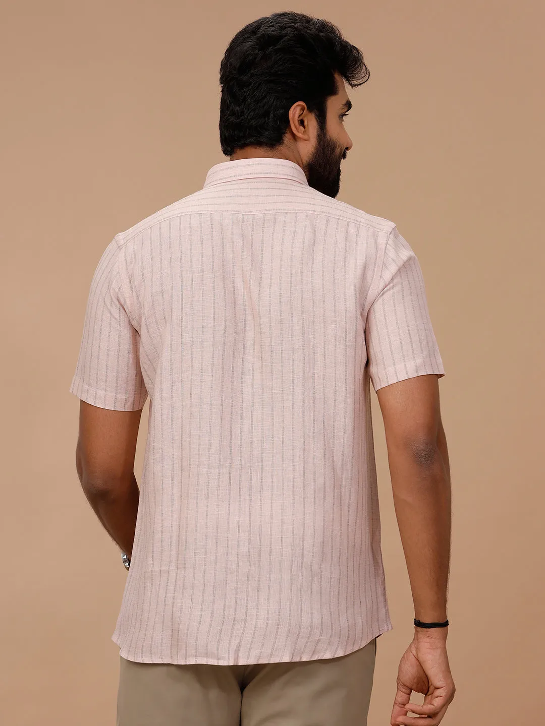 Men Pure Linen Striped Shirt Pink - LS86