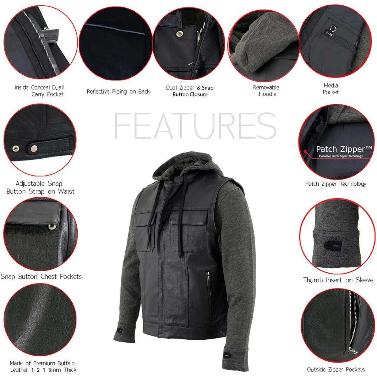 Milwaukee Leather LKM3785 Men's 2 in 1 Classic Black Premium Leather Motorcycle Hoodie Jacket w/ Convertible Vest