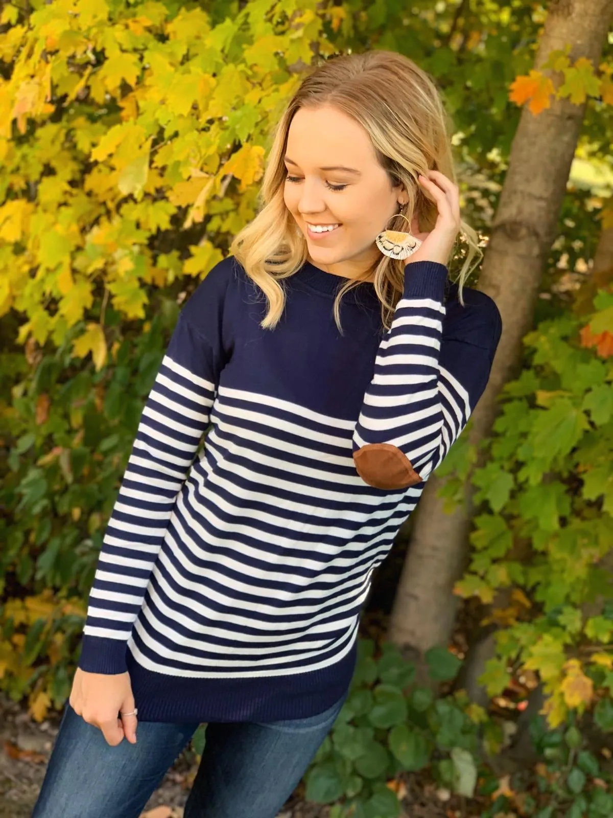 Navy Stripe Patch Sweater- T901